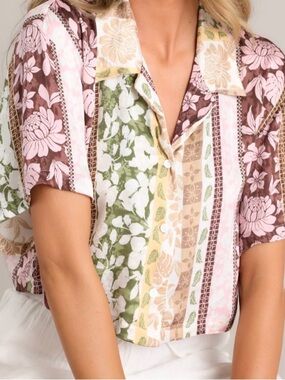 Satin Floral Patchwork Print Button Shirt - Pink, Brown, Green size small